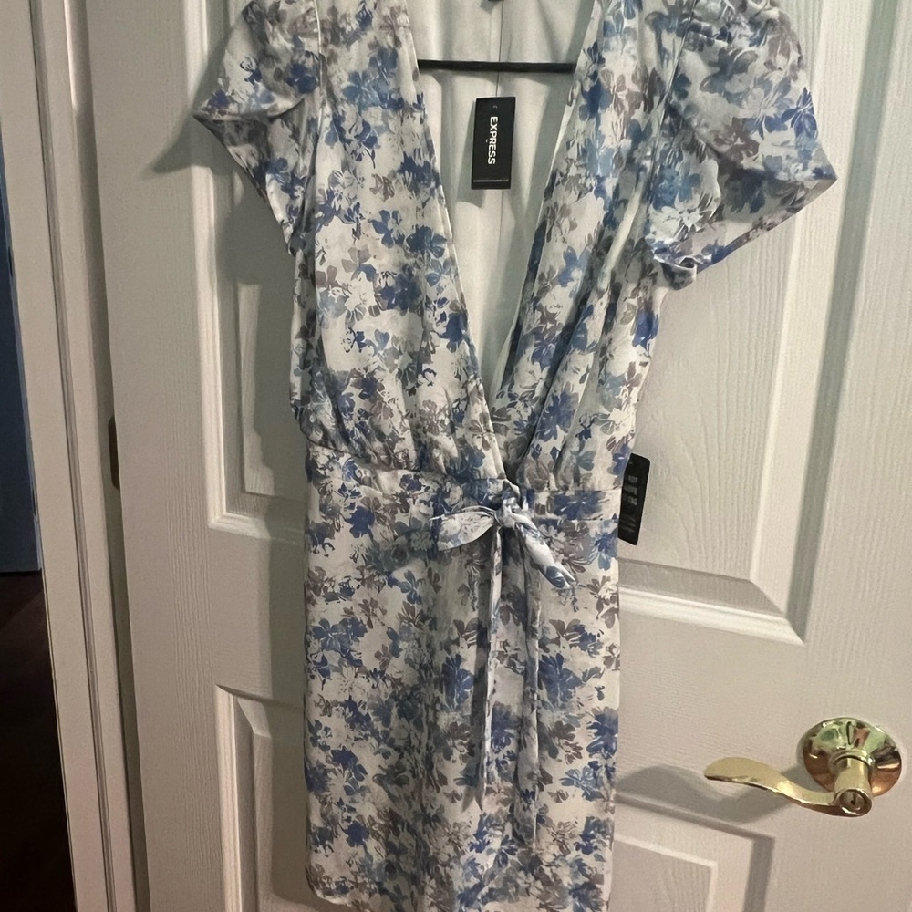Express Blue and White Wrap Sundress with Flutter Sleeves